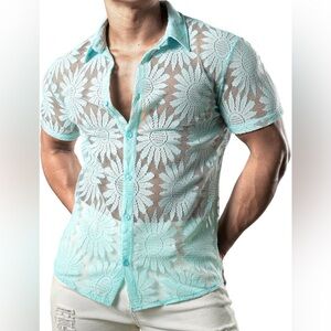 JOGAL Mens Floral Lace Shirt See through Casual Button Down Shirts